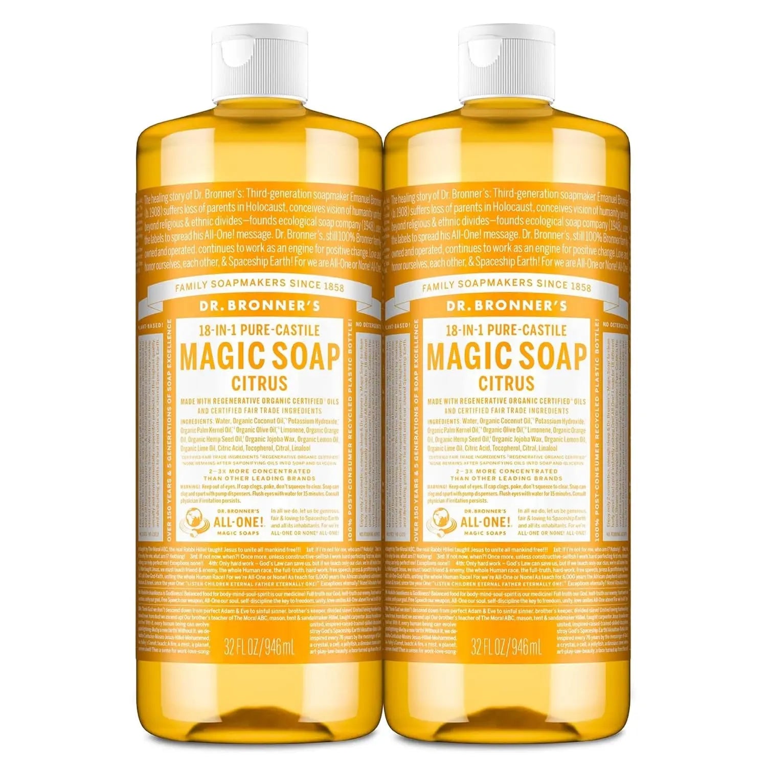 Magic Soap-Pure-Castile Liquid Soap (Citrus, 32Oz, 2-Pack)-Regenerative Organic Certified Oils, 18-In-1 Uses: Body, Hair, Laundry, Pets & Dishes, Concentrated, Vegan, Non-Gmo