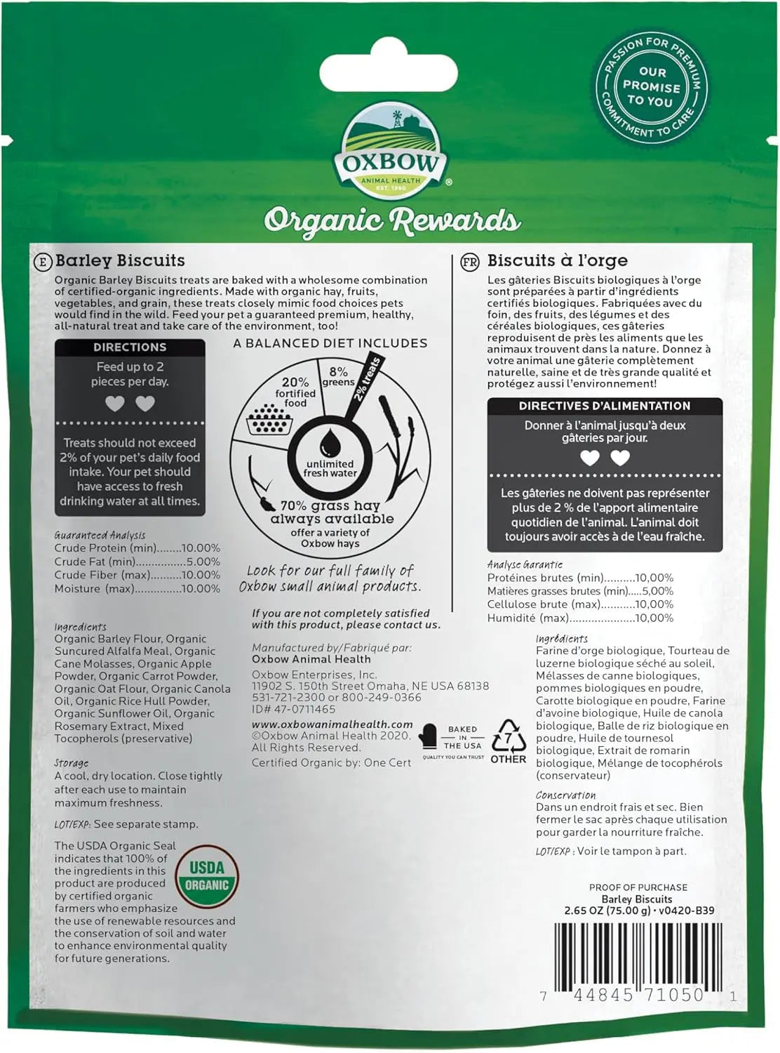 Organic Barley Biscuits, Rabbit & Guinea Pig Treats, Organic Hamster & Bunny Treats with Barley, Apple & Carrot, Made in USA, Small Pet Supplies, 2.65 Oz Bag