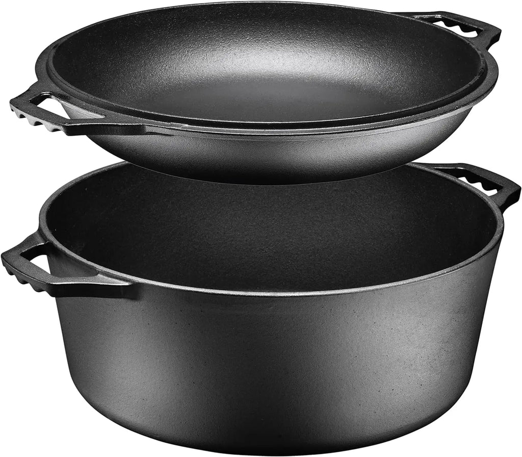 7-Quart Pre-Seasoned Cast Iron Double Dutch Oven with Skillet Lid - Versatile Heavy-Duty Casserole and Braising Pan - Oven Safe Black Cookware (14.7 x 6.9 Inches)