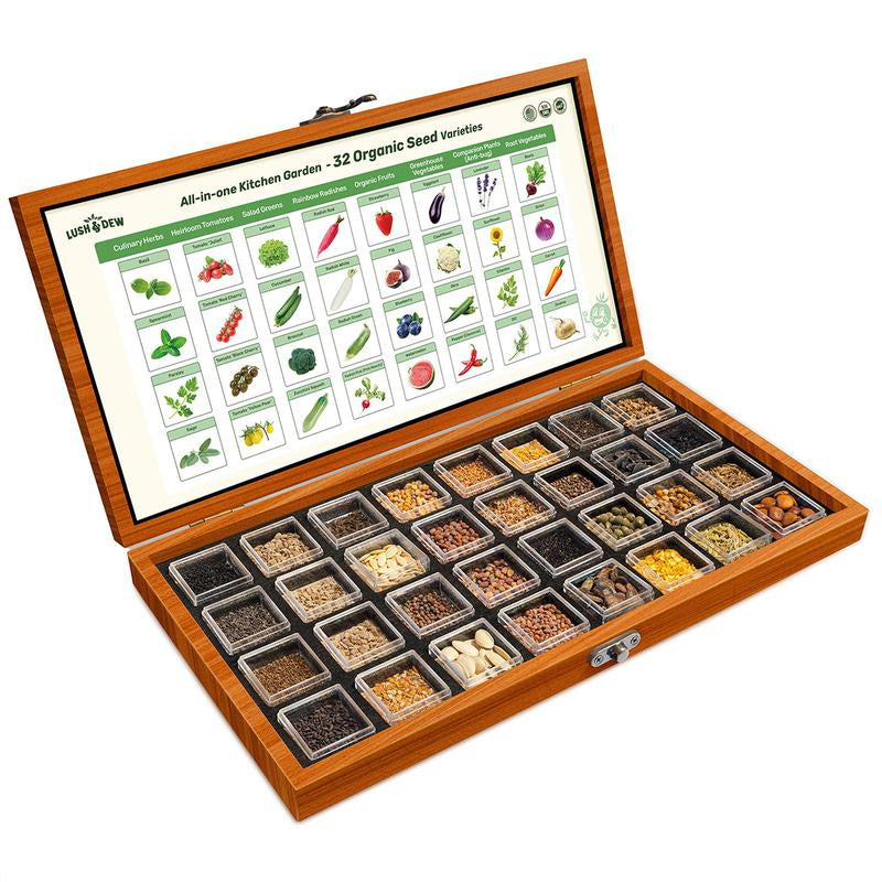 LUSH&DEW All-in-One Kitchen Garden Seed Bank - 32 Organic Garden Plant Seed Varieties with Vegetables, Herbs, Flowers, Fruits. Chef's Market