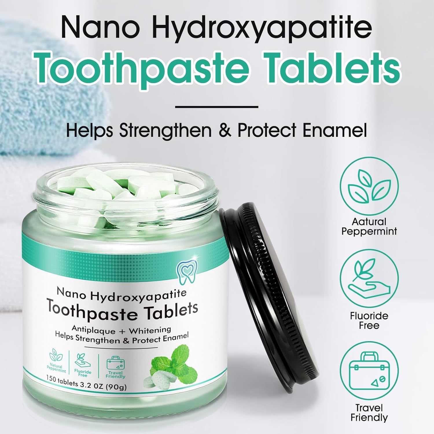 150 Tablets Chewable Toothpaste Tablets, Sensitive Toothpaste Tablets Peppermint Flavored Strengthen Teeth, Flouride & Plastic Free, Nano Hydroxyapatite, Clean Effectively