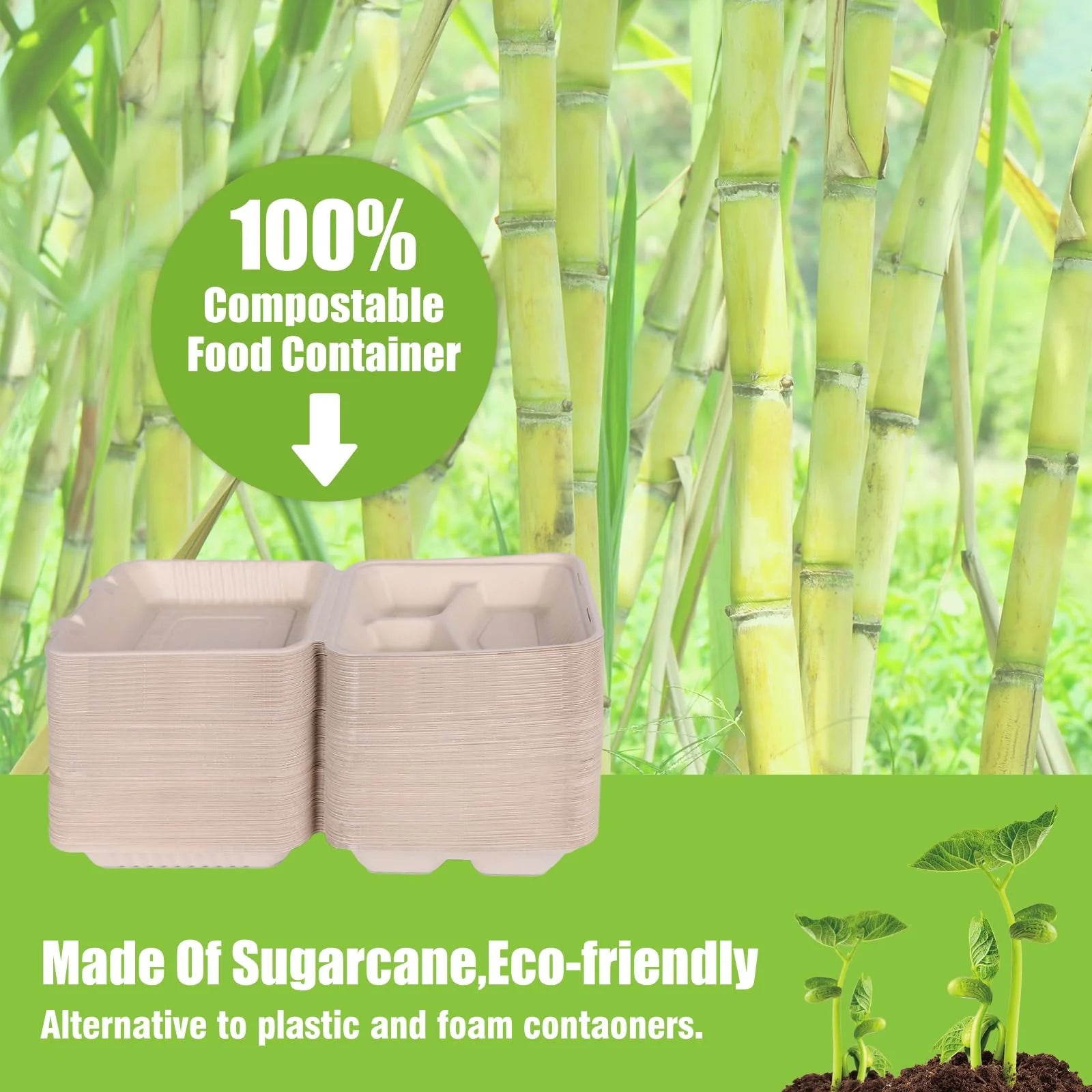 200Pack Compostable Take Out Container 10X10, Disposable to Go Food Boxes with 3 Compartments, Biodegradable Clamshell Container