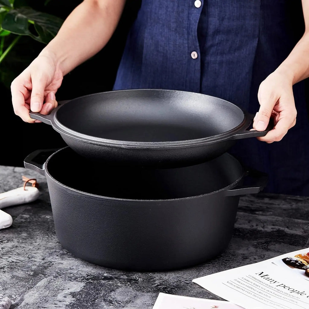 7-Quart Pre-Seasoned Cast Iron Double Dutch Oven with Skillet Lid - Versatile Heavy-Duty Casserole and Braising Pan - Oven Safe Black Cookware (14.7 x 6.9 Inches)