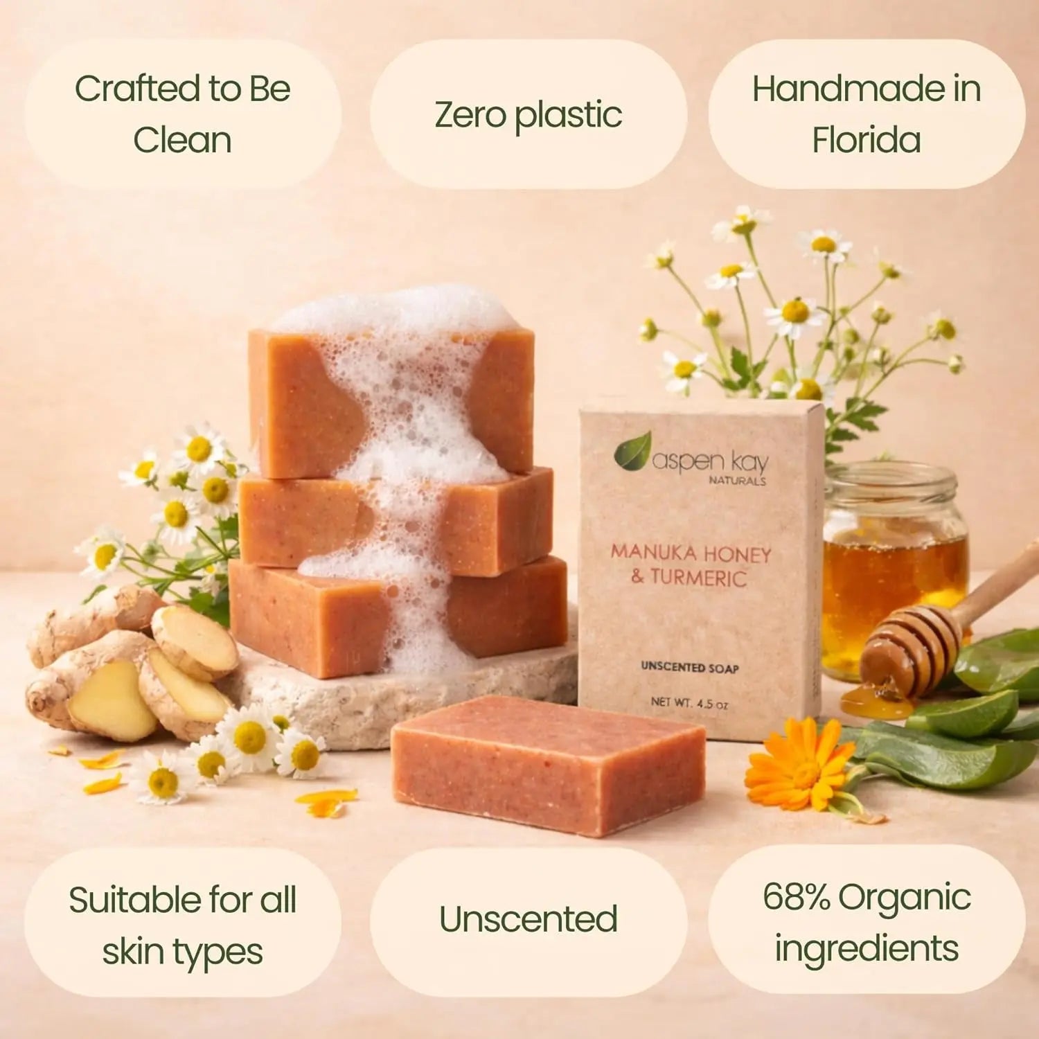 Manuka Honey & Turmeric Soap Bar for Body & Face, Natural Turmeric Face Soap with Organic Aloe Vera, Shea Butter & Calendula - Gentle for All Skin Types, Unscented 4.5 Oz Bar.